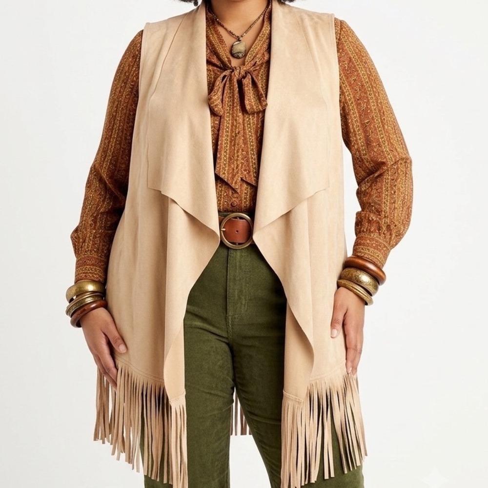 Maurices Plus Size Tan Faux Suede Fringe Waterfall Draped Vest 2/3 Boho Western